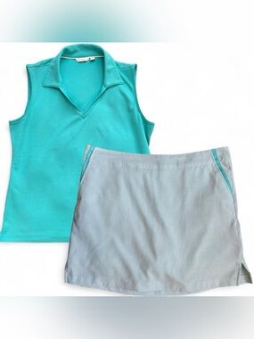 Lady Hagen Teal Sleeveless Polo Top with Light Gray Skort